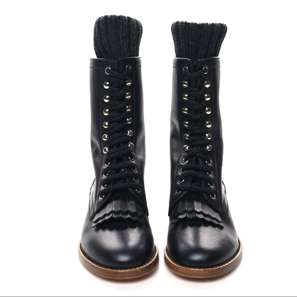 Authentic New Chanel Calfskin Sock High CC Combat Boots 35.5 Black